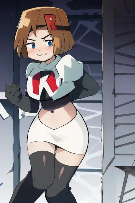 1girl, solo, jenny, :3, team rocket,team rocket uniform,white skirt,red letter R,crop top,black thigh-highs,black elbow gloves,