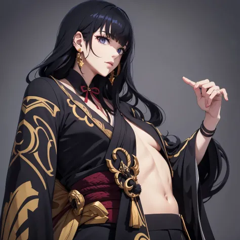 male, adult, long hair, black hair, earrings, kimono, goth