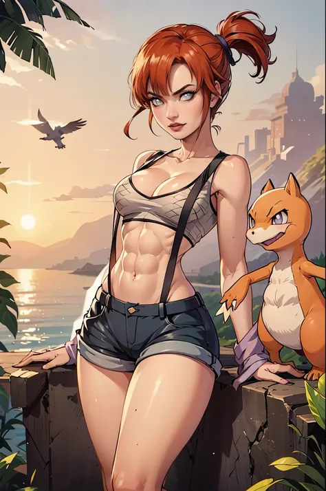 hinata hyuga wearing misty&#39;s pokémon clothes, with the pokémon charmander on the side, cabelos longos azul escuro, extremame...