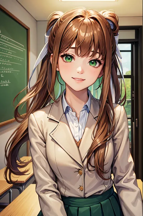 (face portrait:1.2), upper body, (masterpiece), best quality, expressive eyes, perfect face, highres, 1 girl, solo, ddlcmonika, blunt bangs, brown hair, (green eyes:1.5), long hair, ponytail, ribbon, white ribbon, hair ribbon, sidelocks, brown jacket, jack...