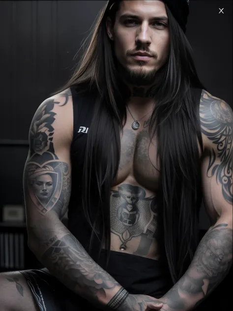 um close up de um homem com cabelos longos e tatuagens, tatuado man, Félix Englund style, Félix Englund, cabelos longos escuros, tatuado, tatuado, cabelos longos e escuros, com tatuagens, por Emma Andijewska, muscular body tatuado, there is a person, estil...