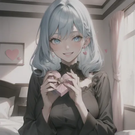 Girl with long light blue hair holding a heart pink box of chocolate in bed, smiling, adult, medium sized breast