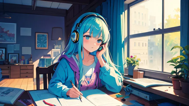 European Hippie Girl studying in her room, dreaming, Wear headphones, night lights, cozy warm on a rainy day, muji color theme, Lo-Fi Hip Hop , retrospective ,Draw a line, Ink Drawing, Large slope, Watercolor painting, Goosch Colors, Awesome colorful, Oute...