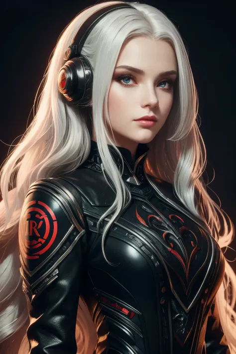 portrait of a beautiful girl with wavy white hair, wearing a formal black dress with metal parts, red eyes, monograms in the bac...