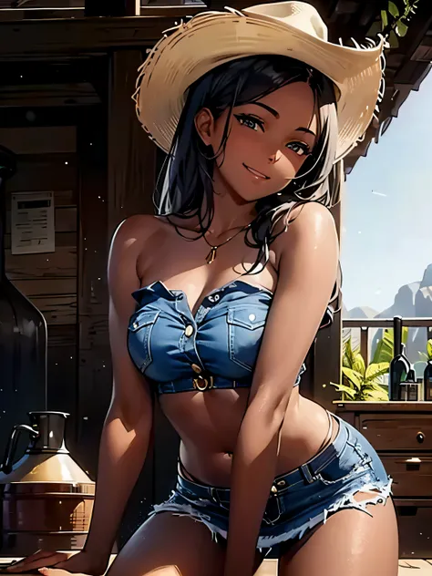 darker skin, almost unbuttoned tight strapless, only one button, inviting smile, jeans micro skirt, wild west, shaded background