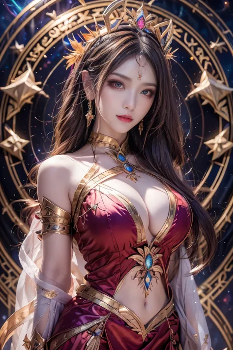 1 goddess of the zodiac from the future, wear the ao dai of the goddess of the zodiac to cover her chest, the goddess of the zodiac wears a bright yellow gold bodice, the goddess radiates a bright pink purple zodiac aura, the stars have the shape of the 12...