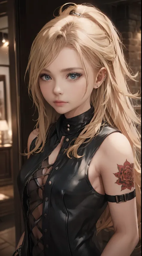 Loli,  fullnude、Ino Yamanaka, blue iris, long blonde hair, dark eyeliner, black ear gauges, black earrings, black choker, a plant、Thumbs, raining, wet, tattoos, sexy tattoos, alternative tattoos