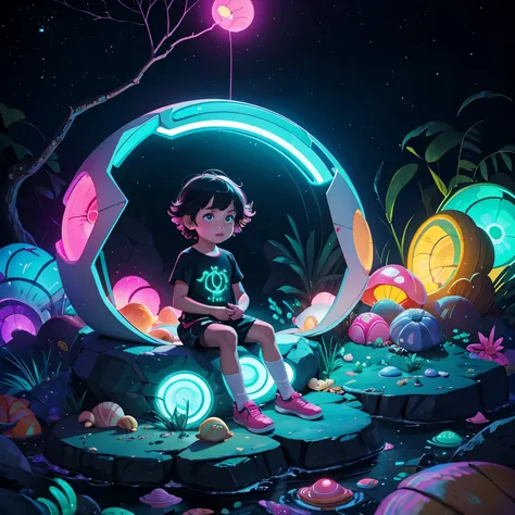 A 5-year-old child sits on a rock surrounded by bright neon shells. This gives the scene a futuristic and surreal feel.