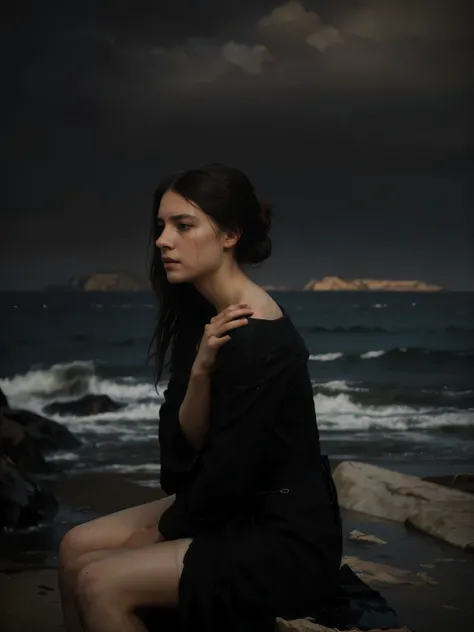 ((Jeremy Lipking style)) ((Nicola Samori style)) very ugly sad sitting woman with a young girl, ((long black dress)), front, sky, sea, rocks, hair up, (oil on linen), (photo by nikon d800, 50mm zeiss
lens), spotlight, hugging