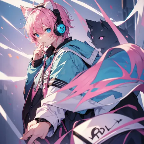 A boy with pink hair and light blue eyes wearing cat ear headphones、cute、ink