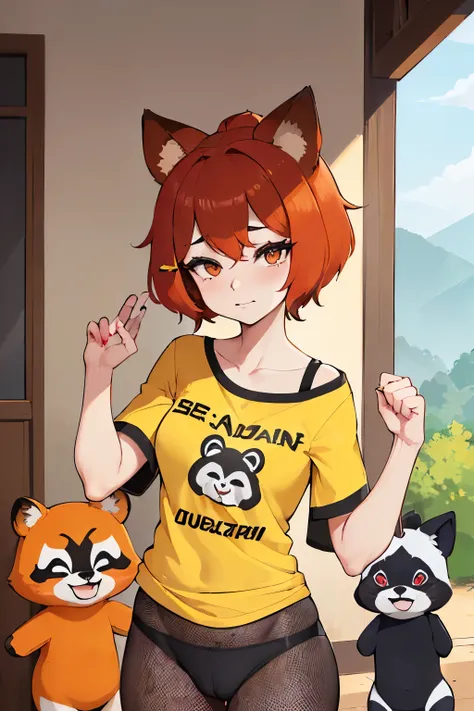 (( ((Retsuko, panda-vermelho, Aggretsuko)), Female, figura feminina, coxas grossas, quadris estreitos, bunda grande, mamilos cobertos, seios, small seios, suado, ((partially visible vulva, mons gordos, camel toe, camisa solta, camiseta, corte superior, cam...