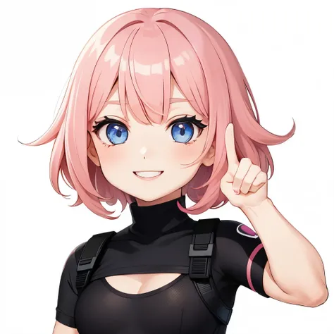 1 girl, alone, (twitch emote:1), chibi, pink hair , blue eyes, thumbs up, smiling, Upper body, cartoon, White background, sticker, thick black outline, Qi bangs