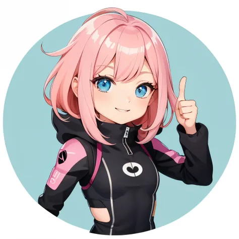 1 girl, alone, (twitch emote:1), chibi, pink hair , blue eyes, thumbs up, smiling, Upper body, cartoon, White background, sticker, thick black outline, Qi bangs