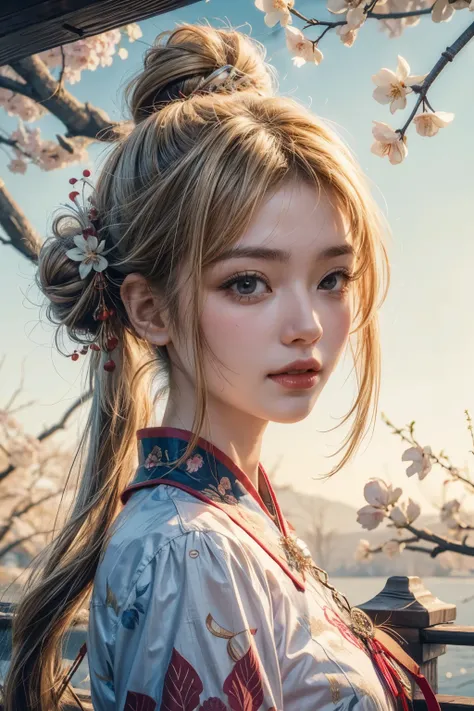 1 girl， Chinese swordsman in white，Under the peach blossom tree，Exquisite facial features, clear facial features, Serious expression，Refine details,bun hairstyle, light hair，peach blossom，Chinese courtyard background，best quality，4k quality，超HD晰度,HD,8k，