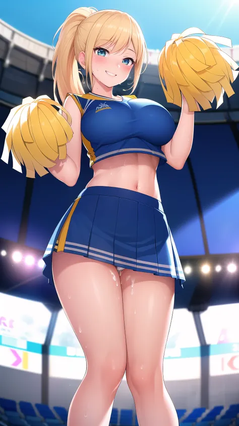 (best quality:1.5, highres, UHD, 4K, detailed lighting, shaders), blonde ponytail, large breasts, cheerleader outfit, crop top, skirt, from below view, close shot, sweaty:1.3, blushing:1.2, cum on crotch, thighs, smiling, standing, stadium background