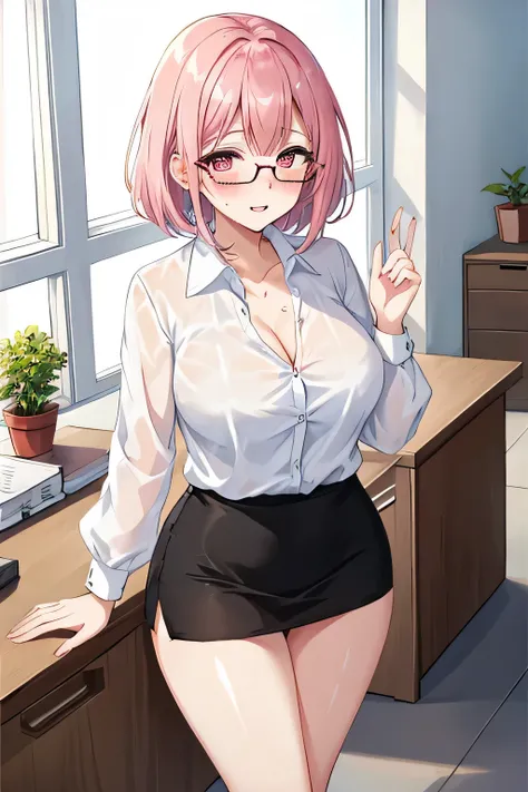 (mature woman), blush, Ahegao, (middle aged), white skin, smooth white thighs, Sheer blouse, tight mini skirt, wearing glasses, Pink bob hair, beautiful face, chest, sweating, sexy, highest quality,8K quality,stand pose, (background: In front of the desk i...