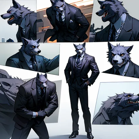 a handsome furry wolf wear a black suit verry elegant, black gloves