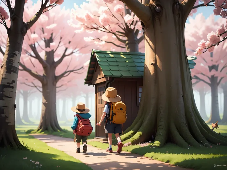 There is a poster with a cartoon character in a hat and backpack, mini cute boy and dog, walking in the forest, cherry blossom, flower jungle, animation style rendering, small characters, stylized anime, cute detailed digital art, stylized 3D rendering, an...