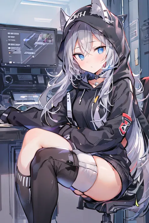 sitting on the chair, perfect female body, 1 girls, 20 years old, long gray hair, white and silver hair, huge ahoge, ^ ^, medium...