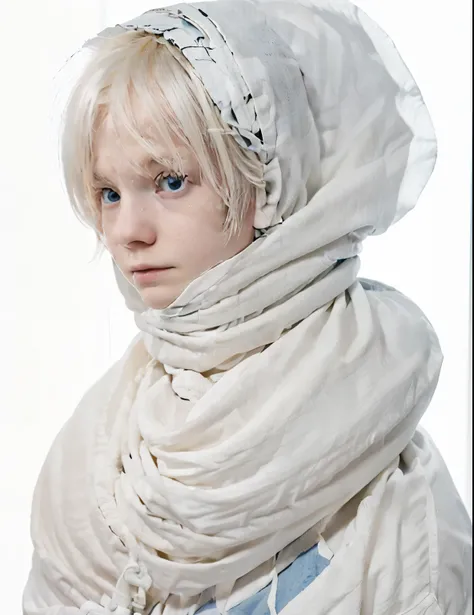 1 albino boy, his body is wrapped in bandages, his hair is white, his eyes are blue, 