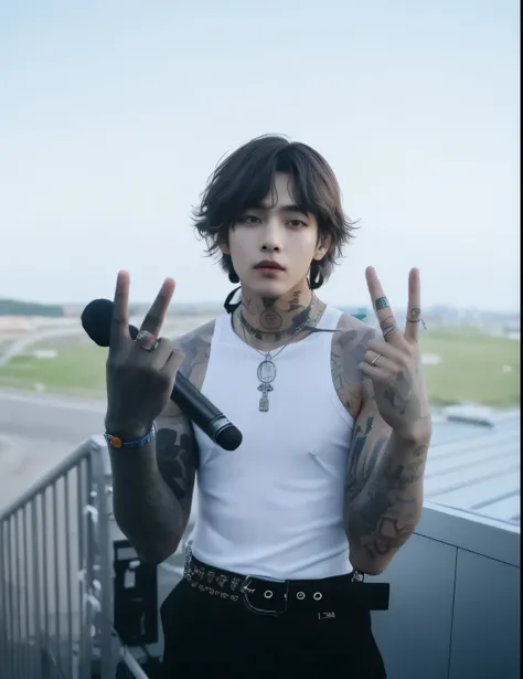 Taehyung do bts com tatuagens and a microphone making a peace sign, peep, deiv calviz, estilo de bts, kim taehyung, com tatuagens, inspirado por Taehyung do Bts, tatuado, taken at the beginning of 2020