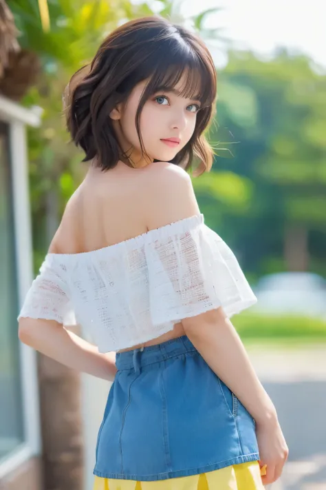 Beautiful girl wearing an off-shoulder top, zora々nice look, and short hairstyle. (highest quality, realistic:1.37), super detailed, (portrait:1.1), Bright colors, soft lighting, Bokeh、back、look back、hair blowing in the wind、mini skirt、thighs thighs thighs