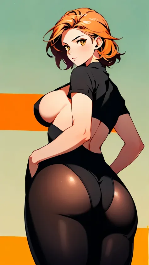 1 female、Orange hair、Colossal tits、Big ass、Black catsuit、yellow  eyes、Large, thick thighs、a short bob、wide hips、pantyhose