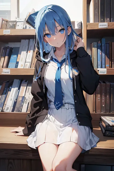 (High resolution, realistic, 4K, super detailed, masterpiece:1.2),1 girl, blue eyes, Blue Medium Hair, cowboy shot (no hat:1.5),((white shirt,blue tie,black hoodie)),flat chest,Governor badge,In school library