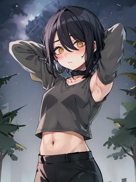 upper body, nayuta, 1girl, solo, black t-shirt, long sleeves, collarbone, navel, ringed eyes, red eyes, hair between eyes, short hair, black hair, looking at viewer, arms behind head, closed_mouth, night sky, forest, spread armpits, midriff, contrapposto, ...