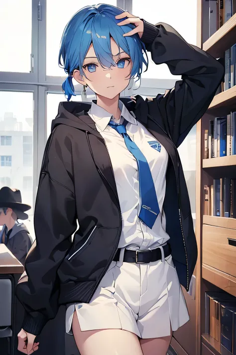 (High resolution, realistic, 4K, super detailed, masterpiece:1.2),1 androgynous girl,flat chest, blue eyes, Blue Medium Hair, cowboy shot (no hat:1.5),((white shirt,blue tie,black hoodie)),Governor badge,In school library