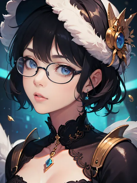 (best quality,4k,8k,highres,masterpiece:1.2),ultra-detailed,fluffy perm,girl glasses,short hair,beautiful detailed eyes,beautiful detailed lips,dynamic portrait,stylish clothing,playful expression,youthful vibe,vibrant colors,soft lighting,studio photo,mod...