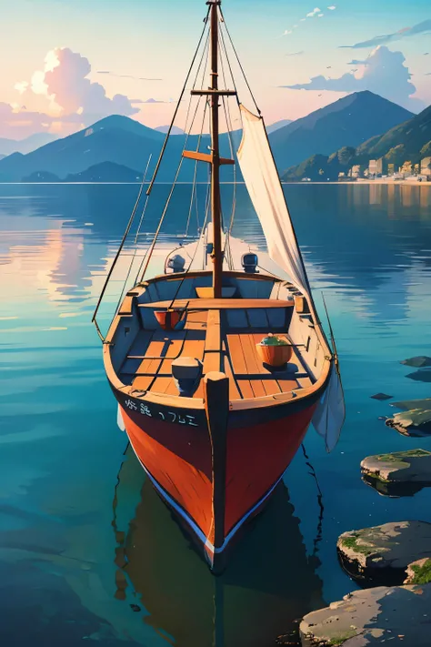 Masterpiece, serene landscape, tranquil bay, vibrant fishing boats anchored, reflections mirrored in still water, ultra-detailed, realistic, high resolution, sharp focus, depth of field, fine textures, sun setting, warm colors, gentle light, calm waves, re...