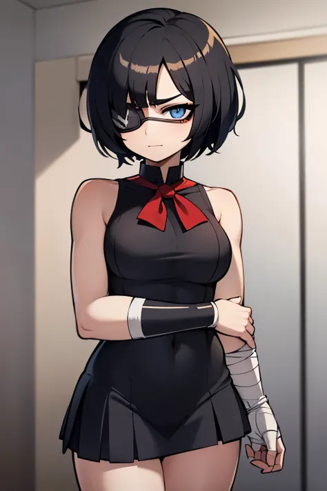 Obra maestra, la mejor calidad, alta_Resolucion, Anime style image of a girl with short black hair, she has an eyepatch covering her left eye, she is muscular, and her right arm is wrapped in white bandages and she wears a schoolgirl uniform. Her arm is ba...