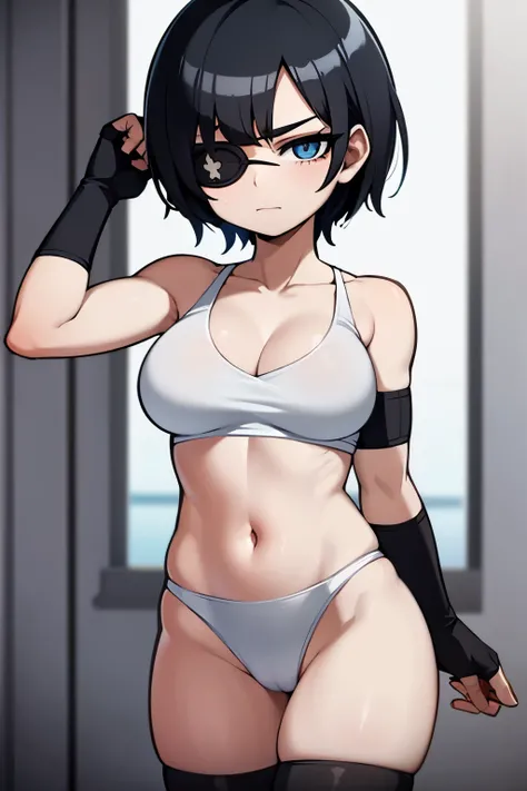 Obra maestra, la mejor calidad, alta_Resolucion, Anime style image of a girl with short black hair, she has an eyepatch covering her left eye, she is muscular, and her right arm is wrapped in white bandages and she wears a schoolgirl uniform. Her arm is ba...