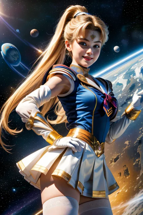 (portrait), (Highly detailed CG Unity 8K wallpaper, masterpiece, 最high quality), (exquisite light and shadow, Very dramatic pictures, cinematic lens effects), (sailor moon), delicate features, plump body, double ponytail, blue eyes, long blonde hair, tight...