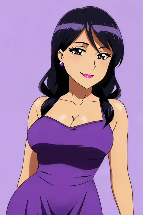 bonnie,black hair,black eyes,lipstick, small round earrings,purple dress,cleavage,huge breasts, smile, standing,upper body(insan...