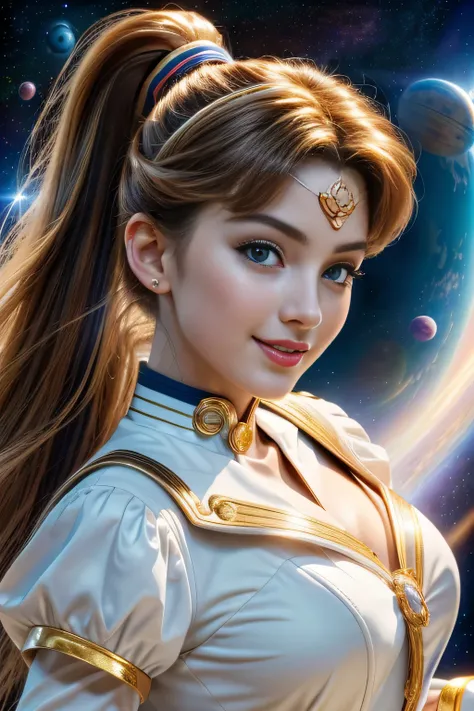 ((close up of face)), (Highly detailed CG Unity 8K wallpaper, masterpiece, 最high quality), (exquisite light and shadow, Very dramatic pictures, cinematic lens effects), (sailor moon), delicate features, plump body, double ponytail, blue eyes, long blonde h...