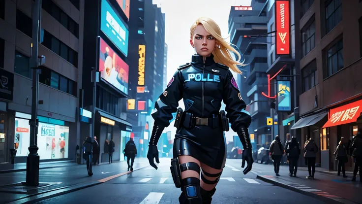 Cyberpunk female police officer, walking on street, blond hair, white girl, blue eyes, extremly anger