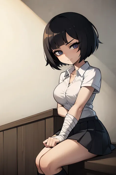 Obra maestra, la mejor calidad, bien detallada, Anime style image of a girl with short black hair, she has an eyepatch covering her left eye, she is muscular and her right arm is wrapped and full of bandages and she wears a schoolgirl uniform 