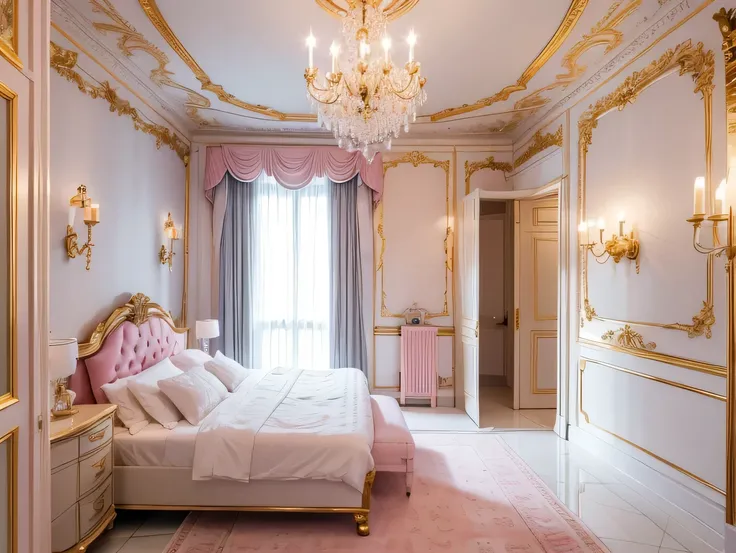 Modern villa interior，cloakroom，European retro style，Decoration color is pink、White predominantly，Thin gold threads hang on the wall，There is a white and gold crystal chandelier on the ceiling，hardwood floor，There is a pink leather seat in the middle，woman...