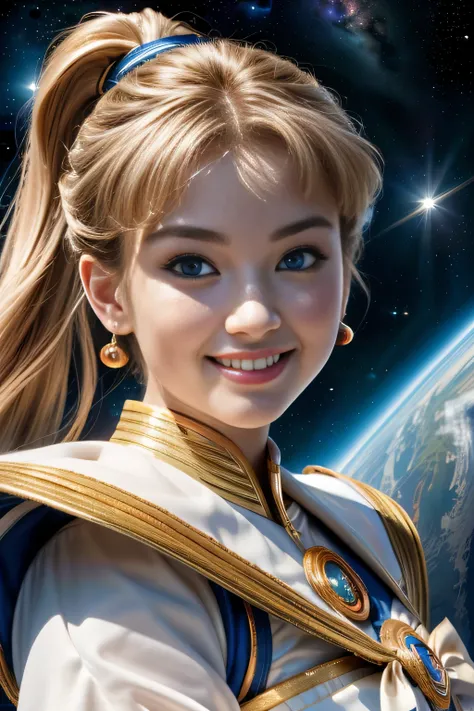 ((close up of face)), (Highly detailed CG Unity 8K wallpaper, masterpiece, 最high quality), (exquisite light and shadow, Very dramatic pictures, cinematic lens effects), (sailor moon), delicate features, plump body, double ponytail, blue eyes, long blonde h...