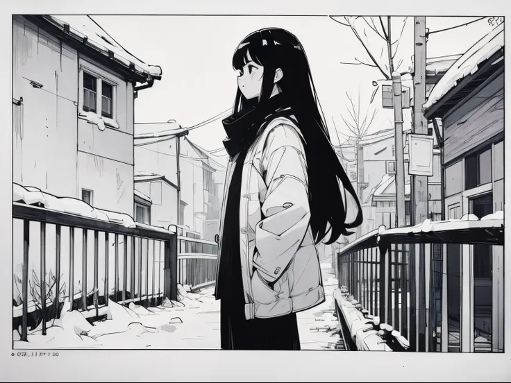 comic style、black and white、tone processing、standing picture、white background、girl in winter clothes