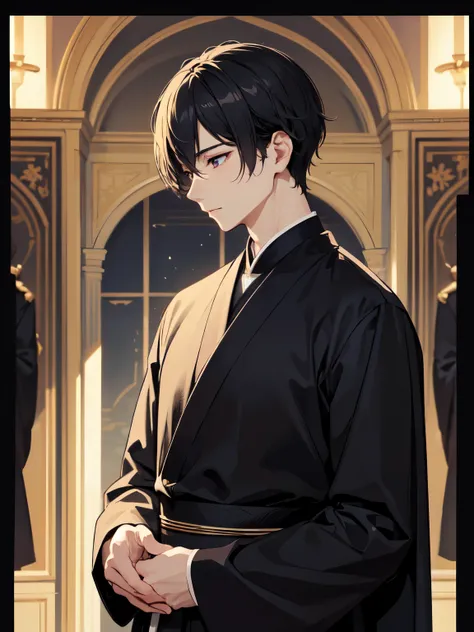 first-class、high resolution、high contrast、 (best illumination、very delicate and beautiful)、One young man、male、黒いフードを目深に被ったmale、The face is hidden、suspicious、Less exposure、whole body、Are standing、Priest wearing gorgeous ceremonial clothes、anime style