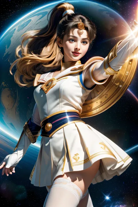 (Highly detailed CG Unity 8K wallpaper, masterpiece, 最high quality), (exquisite light and shadow, Very dramatic pictures, cinematic lens effects), (sailor moon), delicate features, plump body, double ponytail, blue eyes, long blonde hair, tight top, white ...