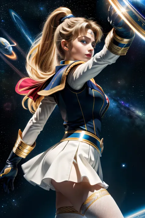 (Highly detailed CG Unity 8K wallpaper, masterpiece, 最high quality), (exquisite light and shadow, Very dramatic pictures, cinematic lens effects), (sailor moon), delicate features, plump body, double ponytail, blue eyes, long blonde hair, tight top, white ...