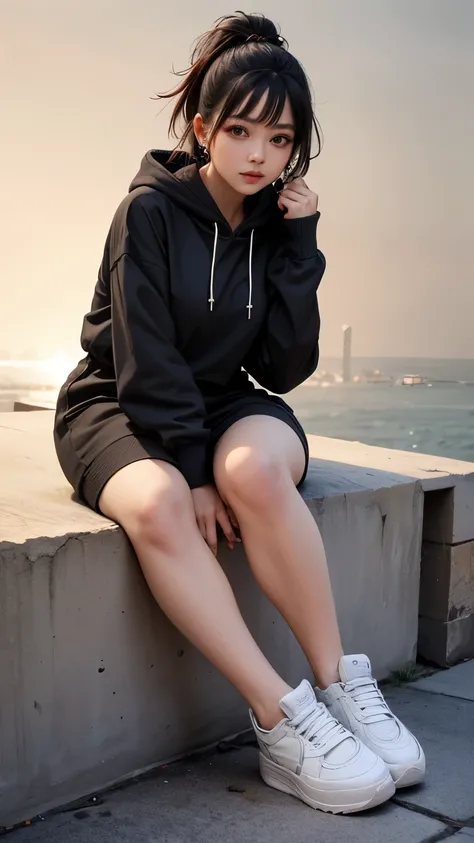 ((best quality)), ((masterpiece)), (detailed), perfect face, wanita chubby, tubuh seksi dan chubby, memakai seksi dress, rambut medium bergelombang, memakai sneakers, hoodie, chubby lengan, paha chubby