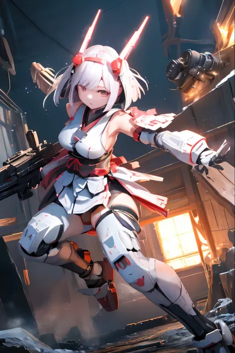 (highest quality)), ((masterpiece)), (very detailed: 1.3), 3D, {(japanese young girl)}, japanese girl wear shrine maiden anime costume under armor, wears a futuristic Gundam mecha,(Gundam), with headgear, with v-fin , armored shoulders,armored under arms, ...