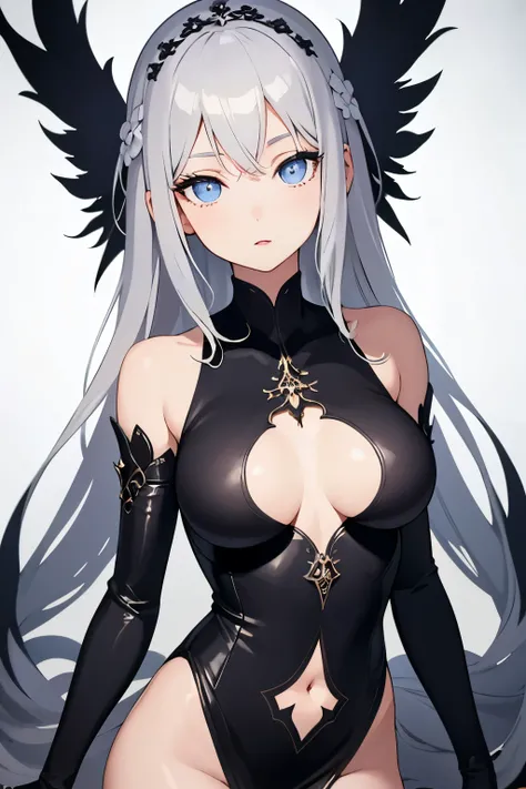 1girl, anime, cute girl, blank background, white background, fantasy, detailed dark fantasy dress with highlights, beautiful face, beautiful eyes, dark colors, silver hair, slightly small breasts, slight cleavage, beautiful skin, cute, breast curtains, ext...