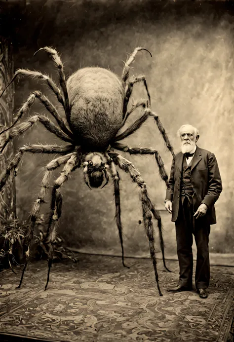 Old man standing next to a giant spider monster, in the style of contemporary vintage photography, necronomicon illustrations, tabletop photography, 1890, hyperrealistic animal portraits, ghostly presence, whirring contrivances