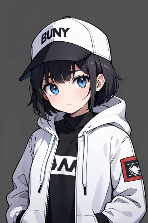 1girl, solo, blue eyes, (detailed eyes), flat chest, short hair, black hair, black shirt, baseball cap, white cap, ((hooded jacket)), (closed jacket), black skirt, black socks, standing, upper body, Hands in pockets, (white background), Transparent backgro...